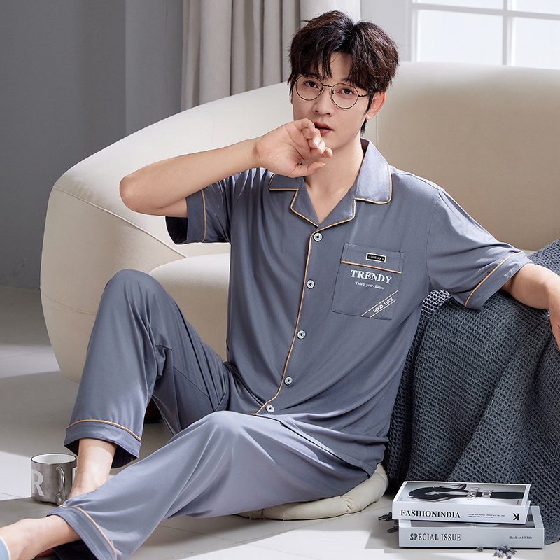 揭阳潮汕睡衣男士纯棉春秋季短袖长裤空调房薄款全棉云朵爽棉套装