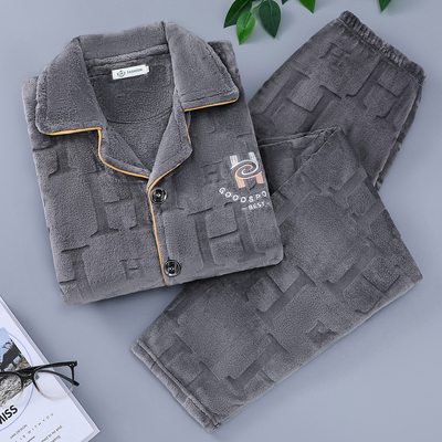 广东揭阳普宁睡衣男士秋冬季珊瑚绒加厚保暖爸爸法兰绒家居服套装