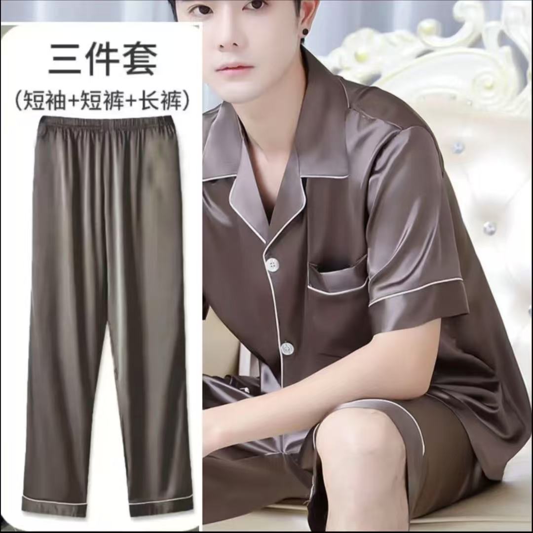 网红款衬衫睡衣轻奢普宁青年男冰丝三件套薄款仿真丝绸家居服套装