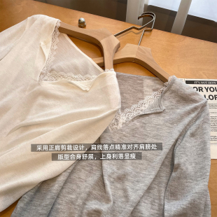 橘喵家 蕾丝拼接半开领针织衫女款2026新款秋纯色内搭假两件上衣