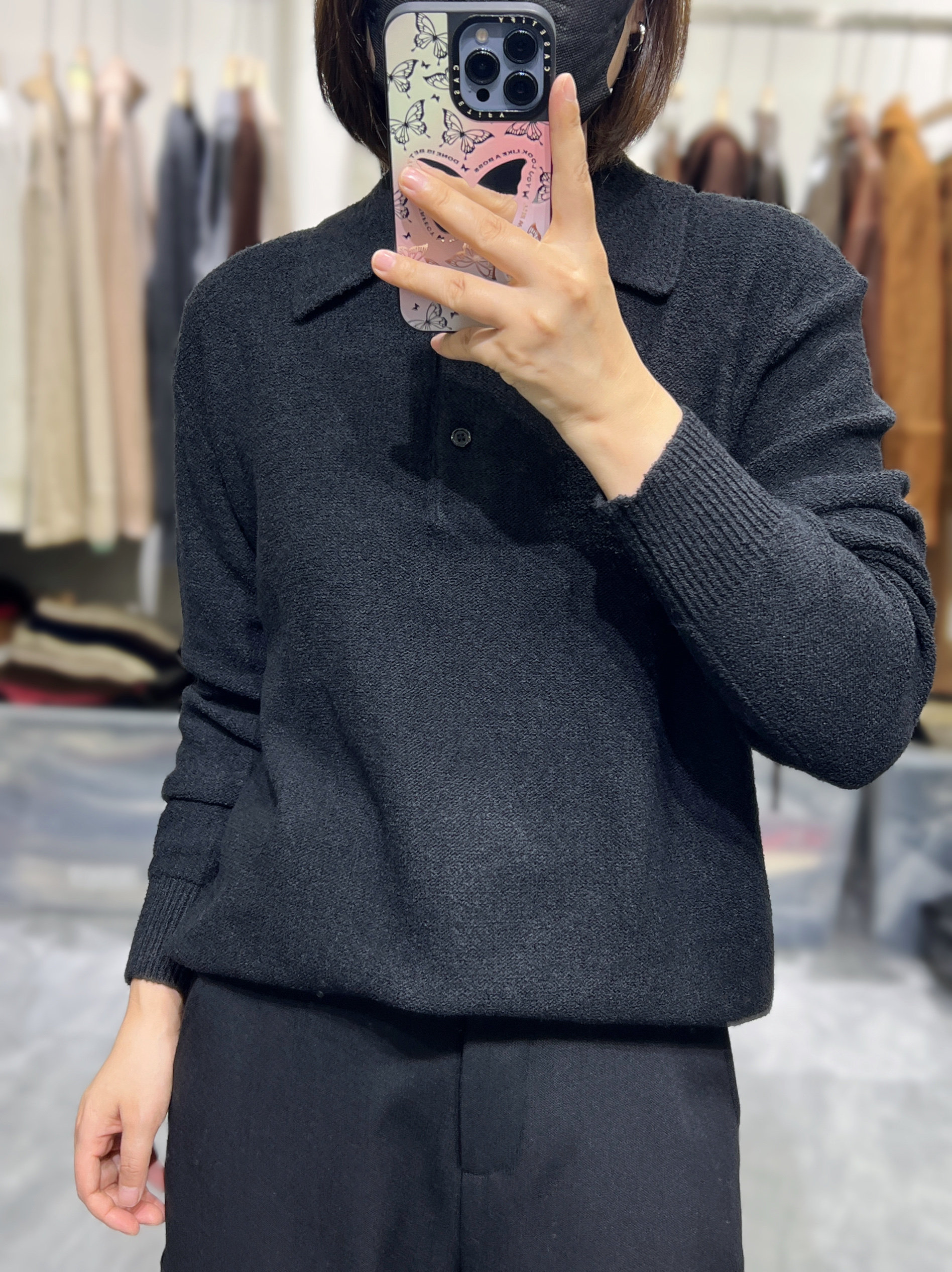 秋冬新极简风通勤休闲宽松纯色翻领羊毛衫纽扣套头POLO衫女款
