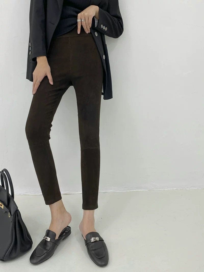 经典镇店款！法国进口小羊皮松紧腰打底小脚皮裤真皮弹力裤女秋冬