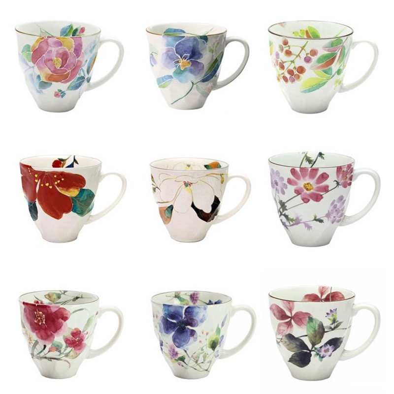 现货 日本进口美浓烧和蓝 日式水彩花卉陶瓷茶杯马克杯送礼250ml