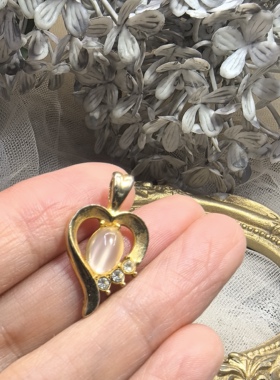 日本海外vintage中古简约款复古金色爱心猫眼石胸针胸花孤品