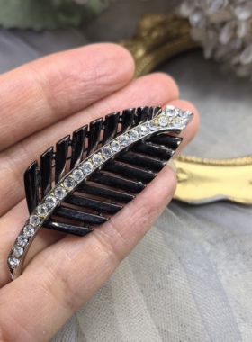 日本海外vintage中古简约款黑银树叶胸针胸花孤品
