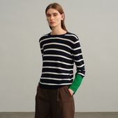 羊毛衫 女100%纯羊毛德国扬子纱条纹圆领套头简约针织长袖 打底毛衣