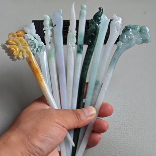 缅甸天然A货翡翠 冰紫罗兰冰飘花阳绿俏色黄翡凤头钗发簪一物一图