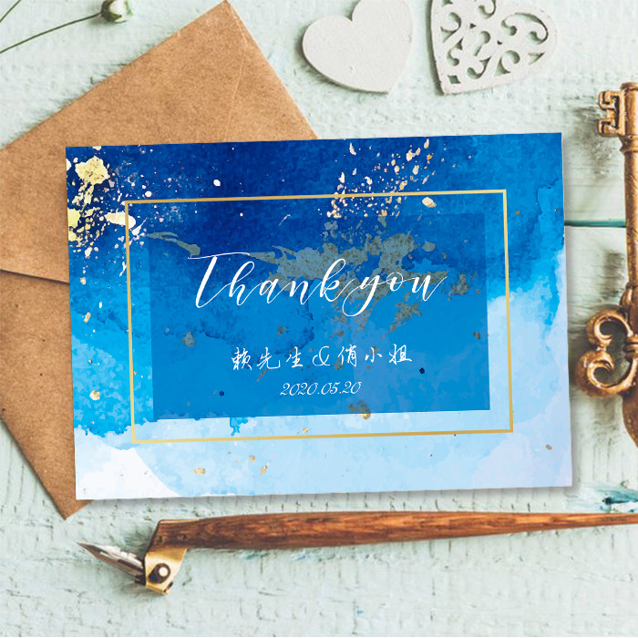 蓝色海洋风格卡片 定制婚礼感谢卡伴手礼卡片 结婚答谢卡祝福语卡