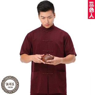 中式衬衫中国风重磅真丝唐装男短袖夏装复古盘扣民族休闲立领上衣