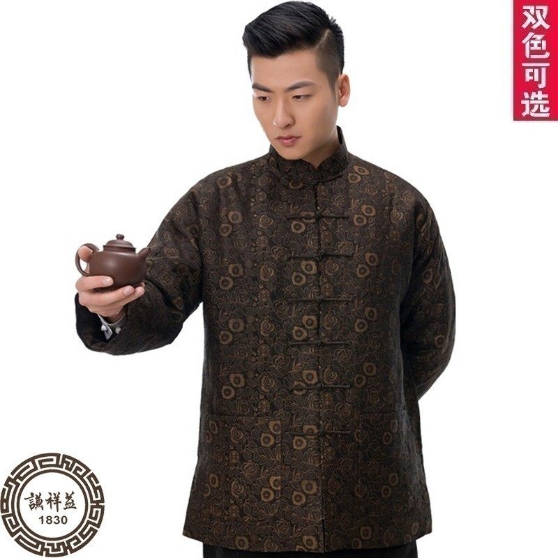 中式香云纱民族风冬季棉衣唐装男长袖桑蚕丝棉袄复古休闲真丝上衣