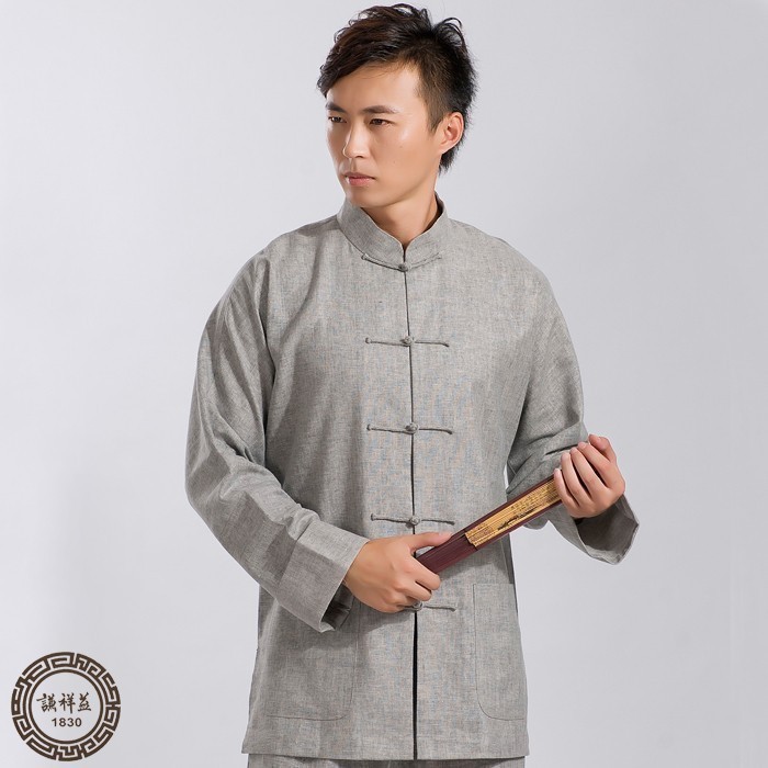 中式唐装男士亚麻春秋长袖单衣中老年民族复古衬衫中国风休闲上衣