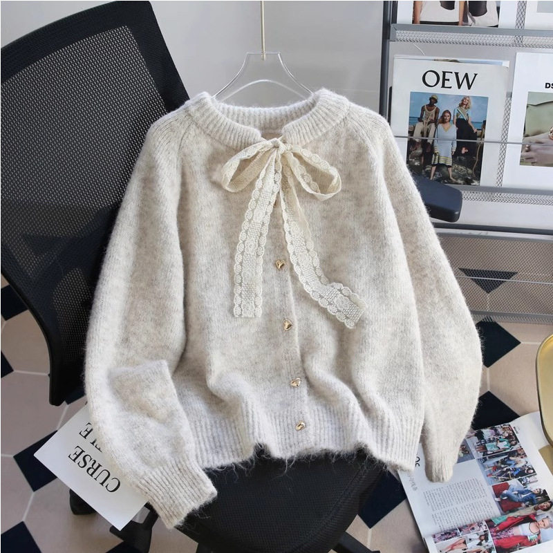 设计感蕾丝系带毛衣开衫女2025新款春秋季慵懒风加厚软糯针织外套,女装/女士精品,毛针织衫,淘宝优惠券,粉丝福利购,淘宝优惠卷