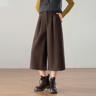 老钱风高腰毛呢阔腿裤女2025冬新款咖色宽松显瘦小个子七分休闲裤