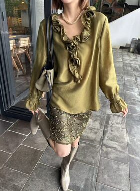 欧洲站2026新款女式欧货V领立体花朵荷叶边套头长袖衬衫