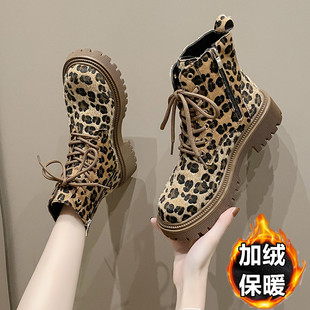 豹纹马丁靴女款2026新款秋冬厚底粗跟靴子女英伦风配裙子中筒潮酷