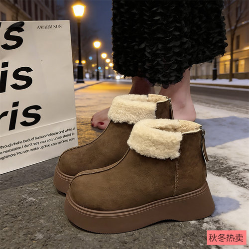 厚底加绒勃肯鞋女保暖雪地靴2025新款冬季一脚蹬乐福鞋低帮棉鞋子