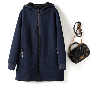 秋冬新款 连帽卫衣外套大码 中长款 遮屁股加绒加厚纯棉拉链开衫 女装