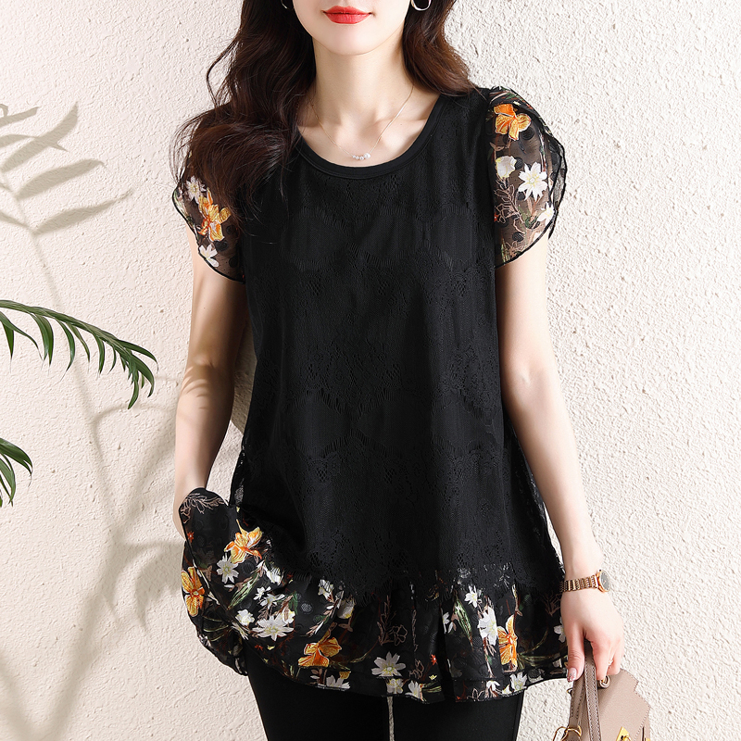 碎花短袖刺绣蕾丝衫夏季大码女装法式泡泡袖小衫中长款宽松上衣服