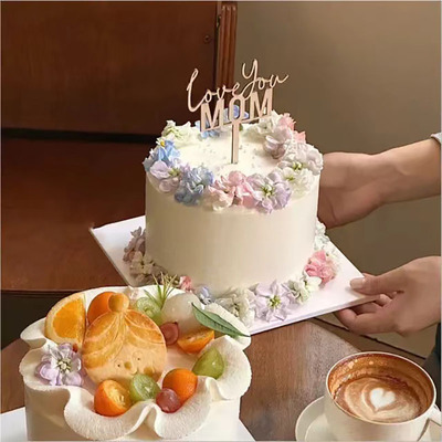 网红母亲节蛋糕装饰木制 loveyou mom插件我爱你妈妈节日蛋糕插牌