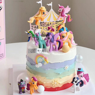 儿童彩虹独角兽小马生日蛋糕装饰摆件亚克力马戏团游乐场蛋糕插件