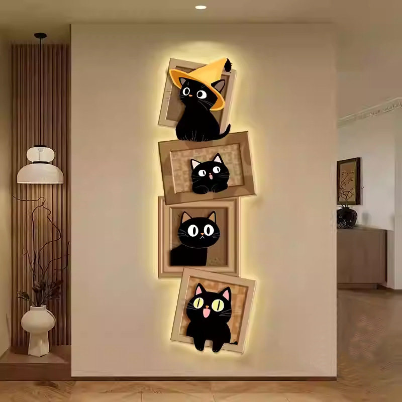 中古风猫咪装饰画入户玄关挂画卡通治愈系发光壁画卧室床头灯光画