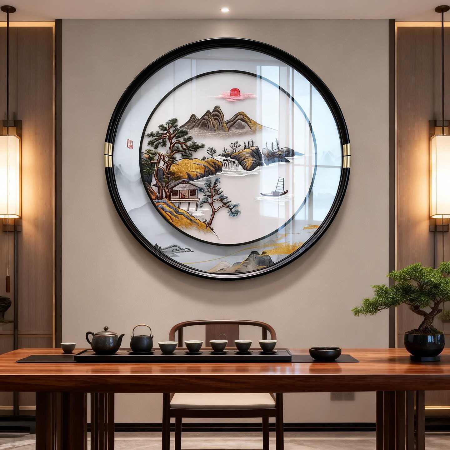 苏绣沙发背景墙装饰画新中式圆形高端刺绣壁画客厅玄关山水挂画