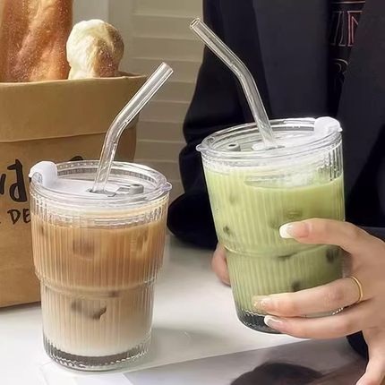 ins风竖条纹玻璃杯美式咖啡杯果汁杯子家用带盖带吸管水杯饮料杯