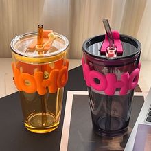 水杯玻璃杯杯子ins风高颜值学生字母大容量咖啡办公室果汁吸管杯