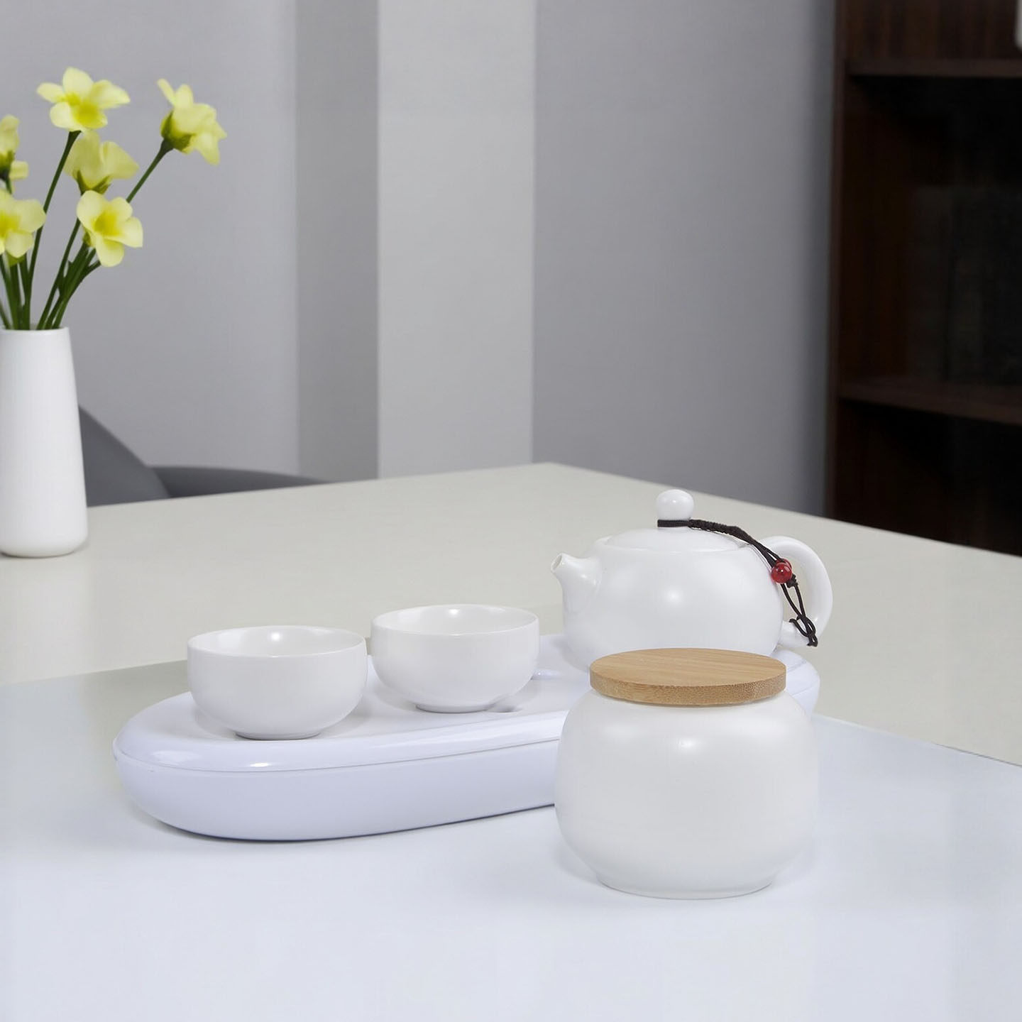 新品西施白瓷一壶两杯茶具套装现代办公日式家用简约功夫蓄水茶盘