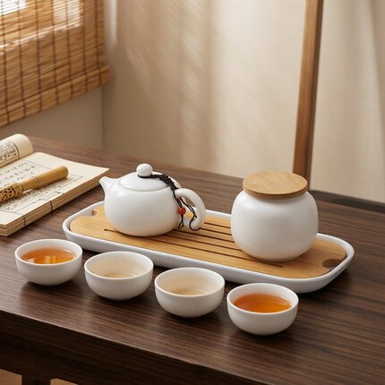 日式白瓷一壶二杯茶具套装个四人两杯旅行办公茶杯日式茶具竹酒店