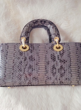 D家美物定制新品 超美灰色奢华天然蛇皮女包单肩包手提横版戴妃