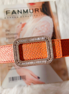 NEW仙品美物 超美暖橙色轻奢天然三文鱼皮宽腰带女皮带裙带貂皮大