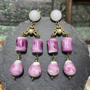 西洋中古做旧淡紫色云纹琉璃流苏耳环复古宫廷轻奢手作耳饰非银针