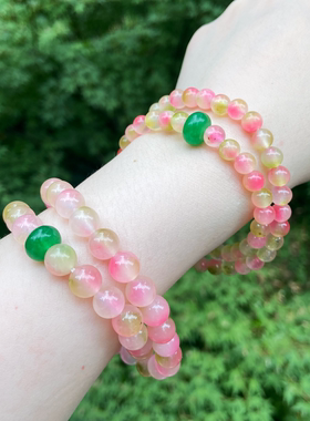 新中式桃花粉飘花玉髓圆珠双圈手链蜜桃玉髓搭绿玉髓红玛瑙手串