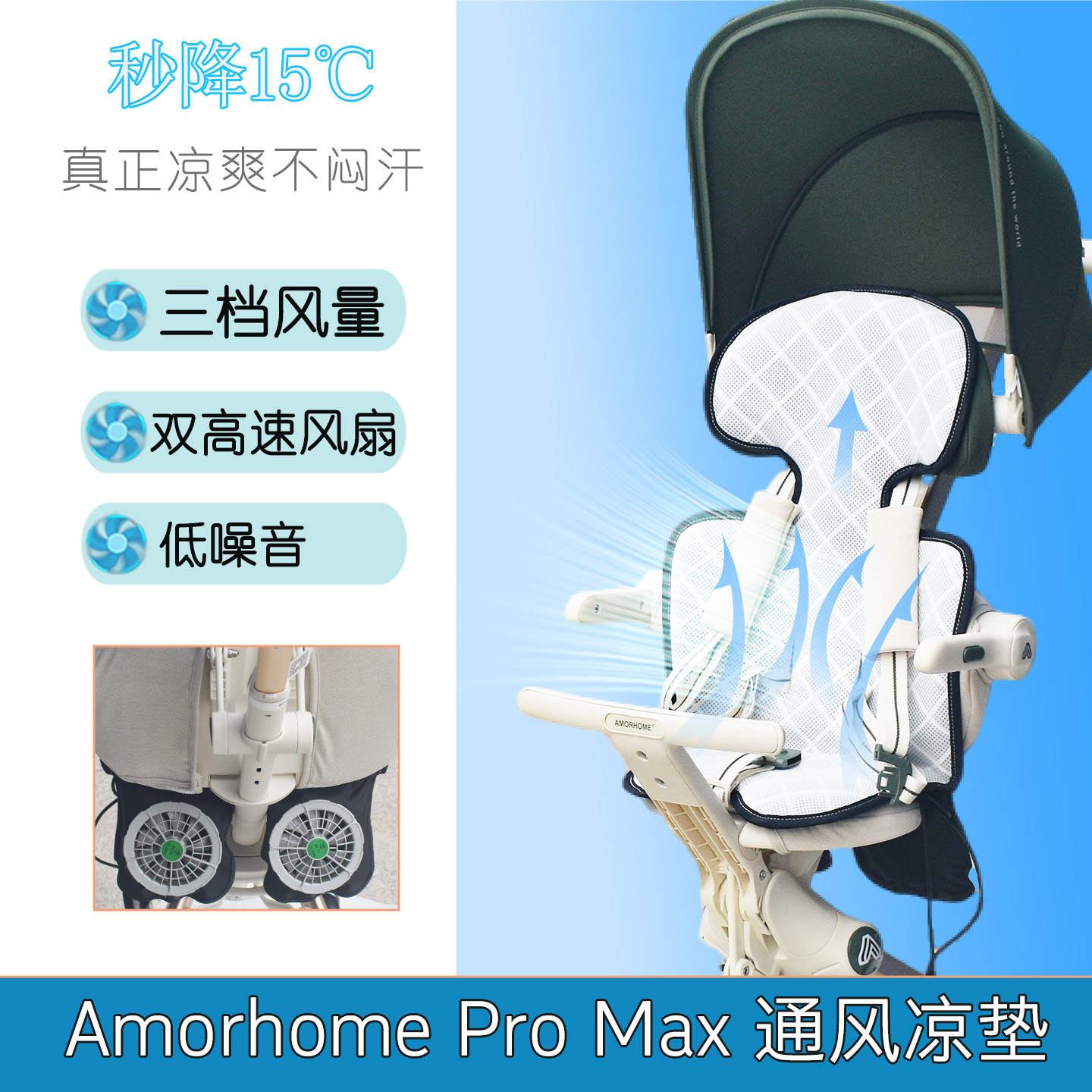 Amorhome通风垫Pro Max凉垫新款遛娃神器婴儿车配件AM风扇席子夏