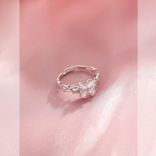 s925银四叶花朵自律女小众指环