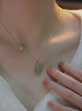 平安福玉石项链女纯银新款潮复古国风锁骨链女气质轻奢高级颈链