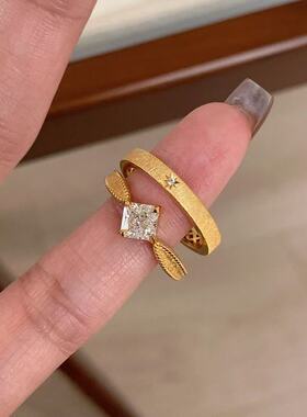 925银拉丝方钻星芒戒指女复古中古风叠戴组合轻奢高级感新款
