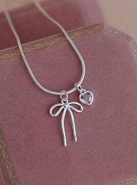 925银甜美粉色爱心蝴蝶结项链女小众个百搭气质高级感颈链锁骨链