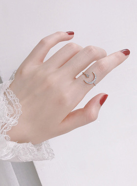 通体s925纯银开口月亮女日韩潮人