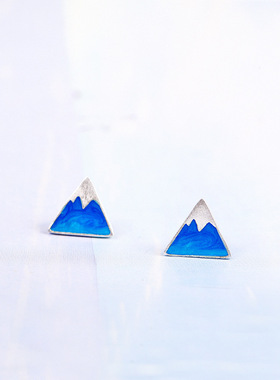 S925纯银富士山蓝色三角形耳钉女生可爱清新耳环日韩森系迷你配饰