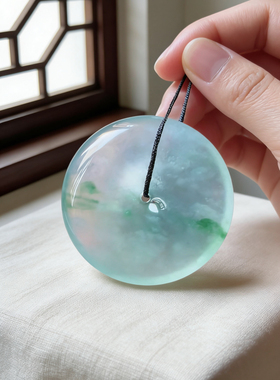 缅甸天然翡翠A货高冰飘花平安扣，34.3-6.6，尺寸不小，编码1574