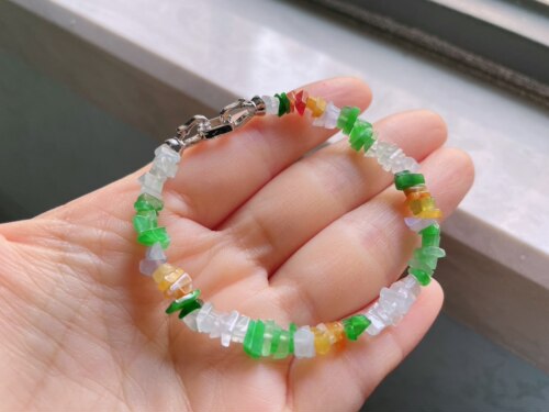 缅甸天然翡翠A货冰三彩岁岁平安手链，珠卡6.7-3.0mm，种水好