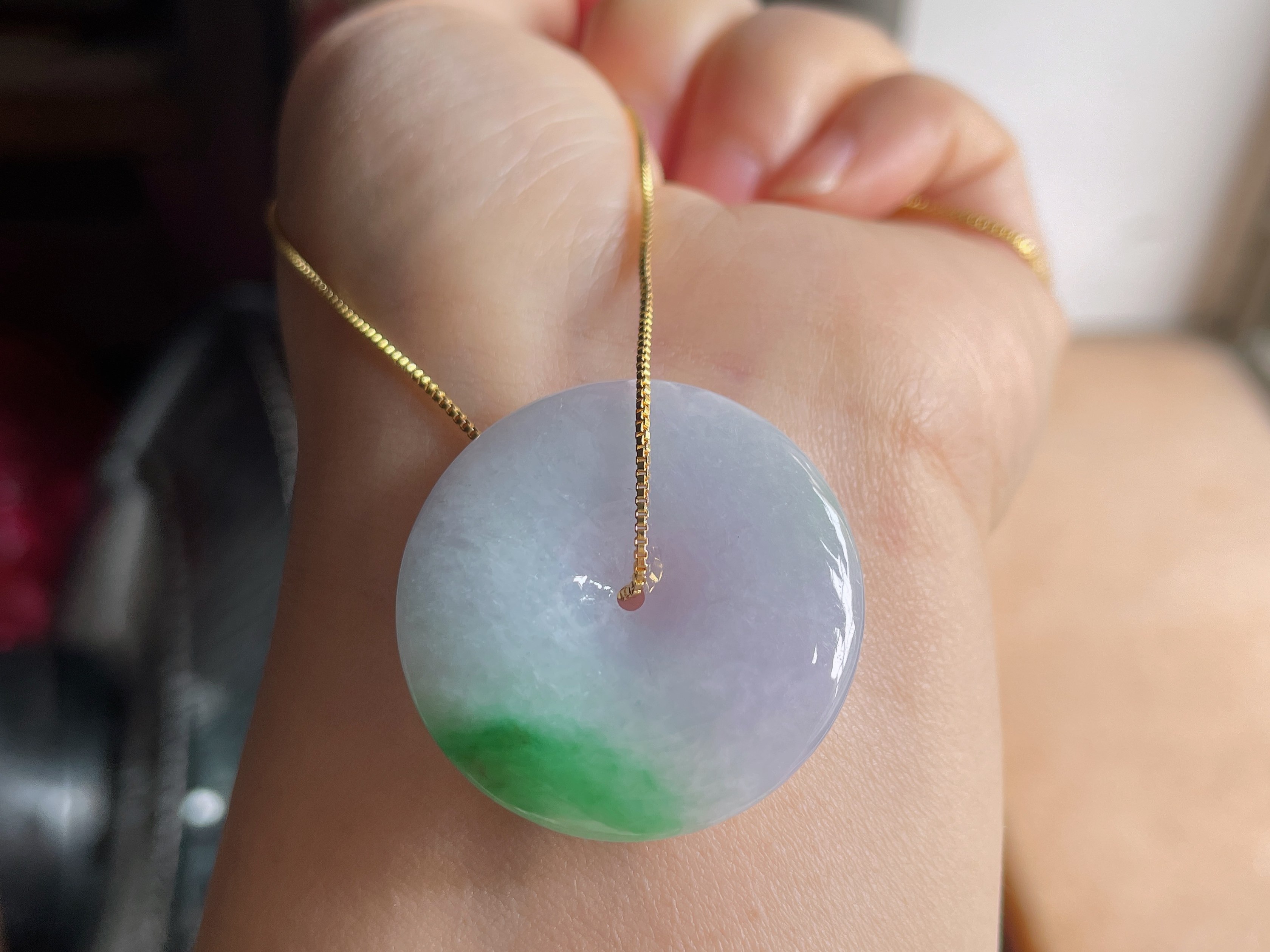 缅甸天然翡翠A货春带彩平安扣，30.5-5.7，淡淡紫色，带飘绿。,珠宝/钻石/翡翠,颈饰,淘宝优惠券,粉丝福利购,淘宝优惠卷