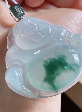 缅甸天然翡翠A货飘花大佛公18k金带钻扣头35.5-39.5-8.0，16.60g