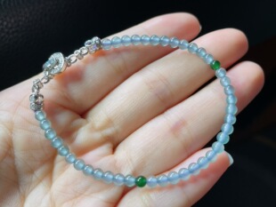 天然翡翠A货高冰蓝钢单圈手链，卡3.5，炸光的品质，搭配两颗绿珠