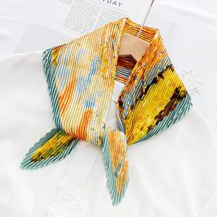 韩版春秋百褶菱形压皱小方巾丝巾装饰衬衫雪纺印花褶皱小领巾发带