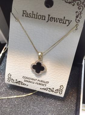 14k项链黑色四叶草镶嵌水钻超细