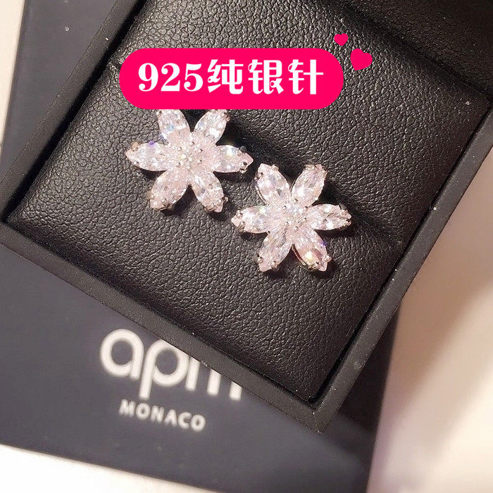 s925纯银耳钉女基础款水晶满钻