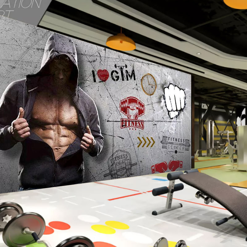 定制工业风复古健身房墙纸肌肉男时尚海报壁纸拳击搏击运动壁画